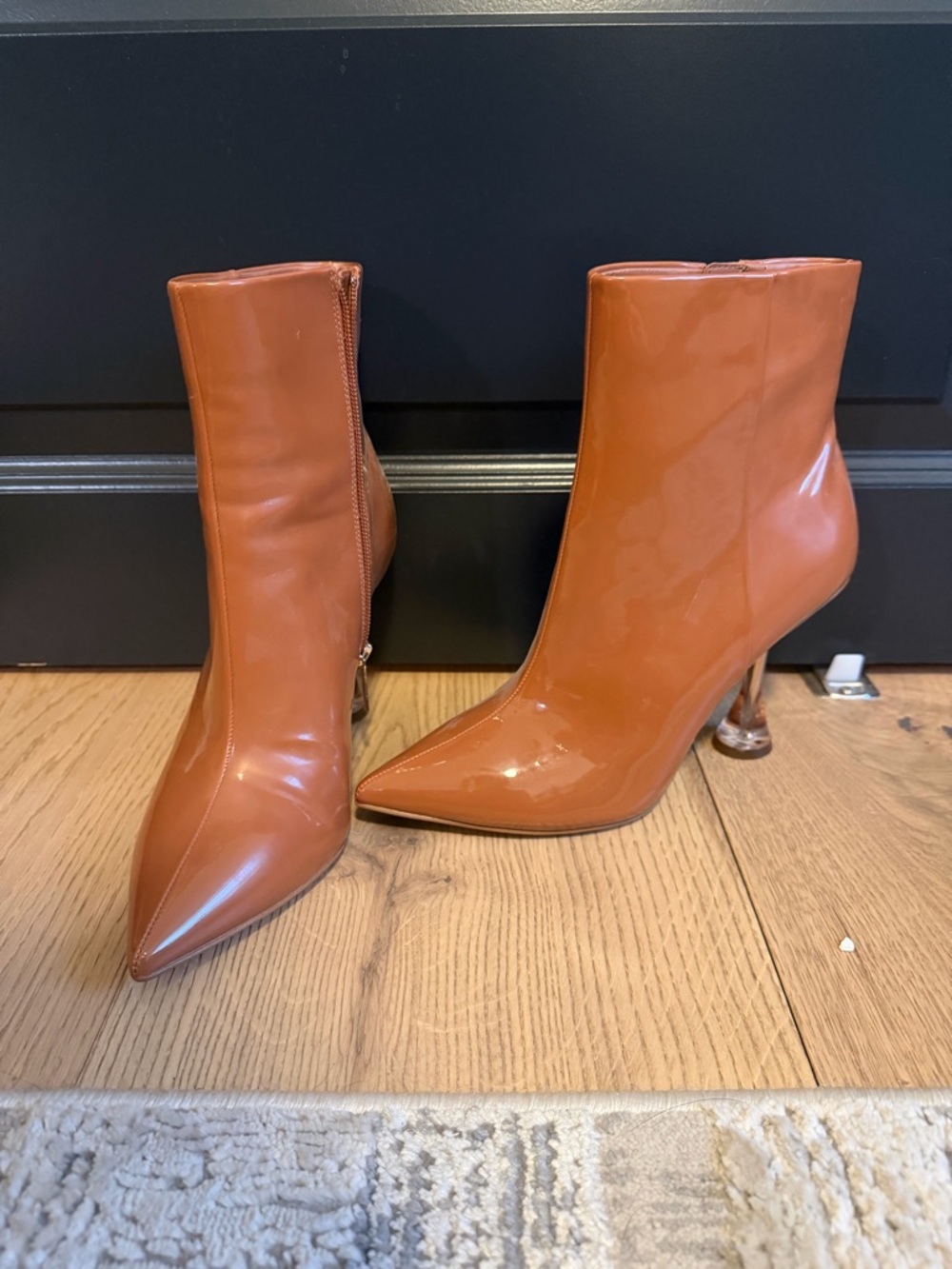 Gianni Bini Patent Pointed-Toe Ankle Boots in Cognac Brown